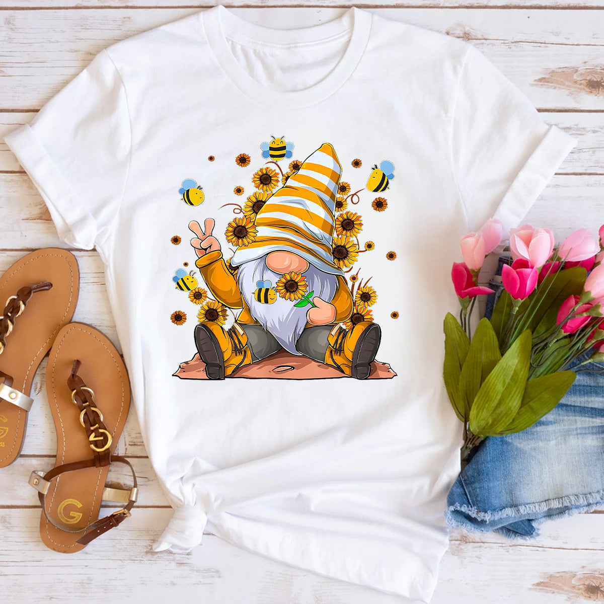 Sunflower Gnome With Bee T-Shirt