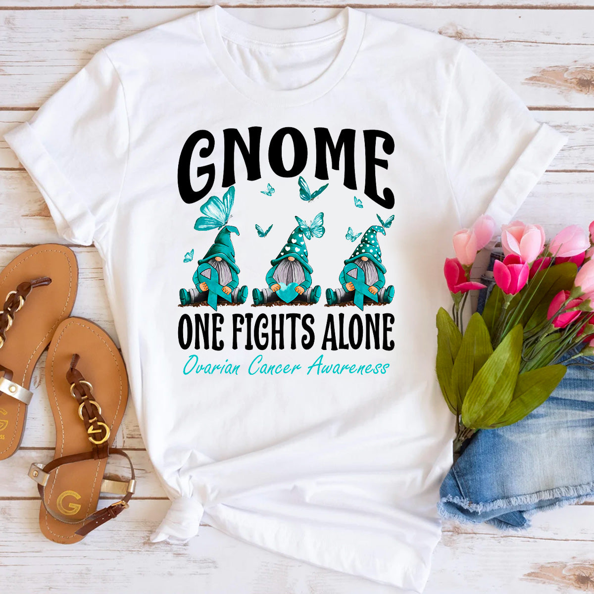 Gnome One Fights Alone Ovarian Cancer Awareness T-Shirt