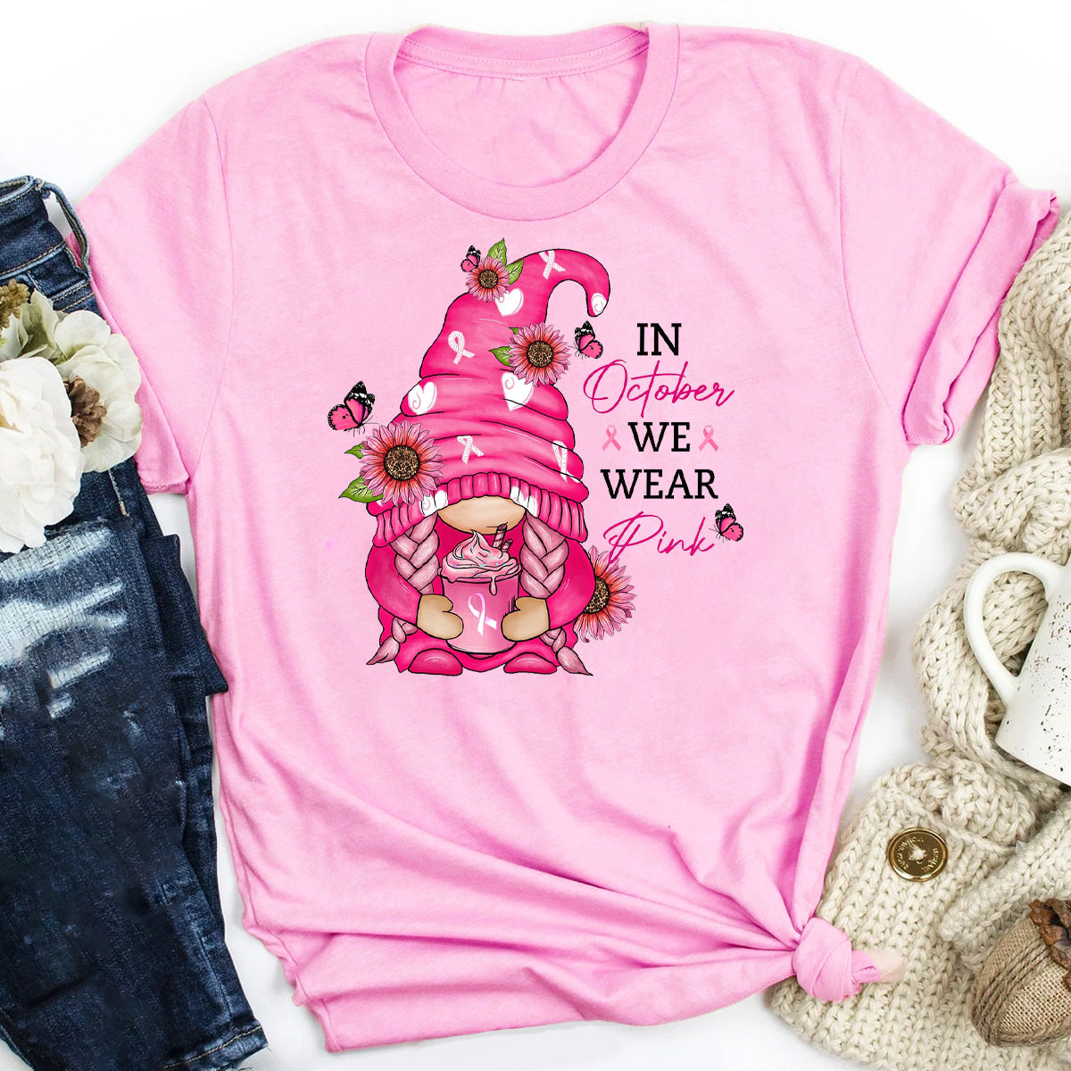 In October We Wear Pink Gnome Breast Cancer Awareness T-Shirt