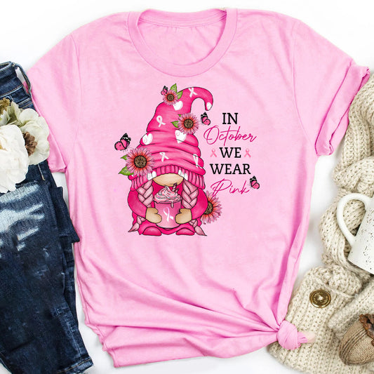 In October We Wear Pink Gnome Breast Cancer Awareness T-Shirt