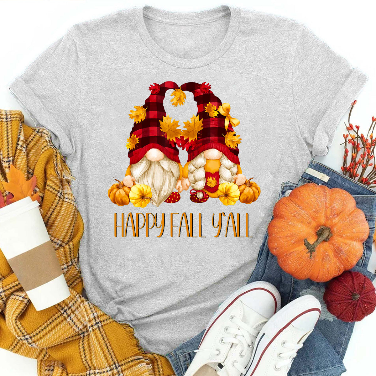 Autumn Gnomes With Pumpkin Happy Fall Yall T-Shirt