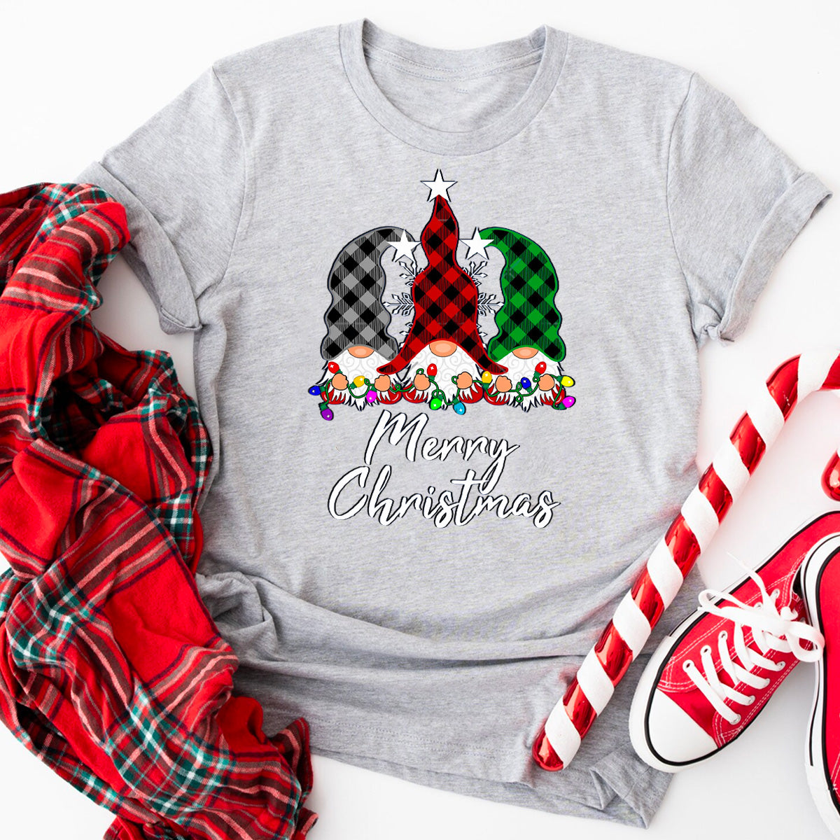 Gnome Christmas Lights Buffalo Plaid T-Shirt