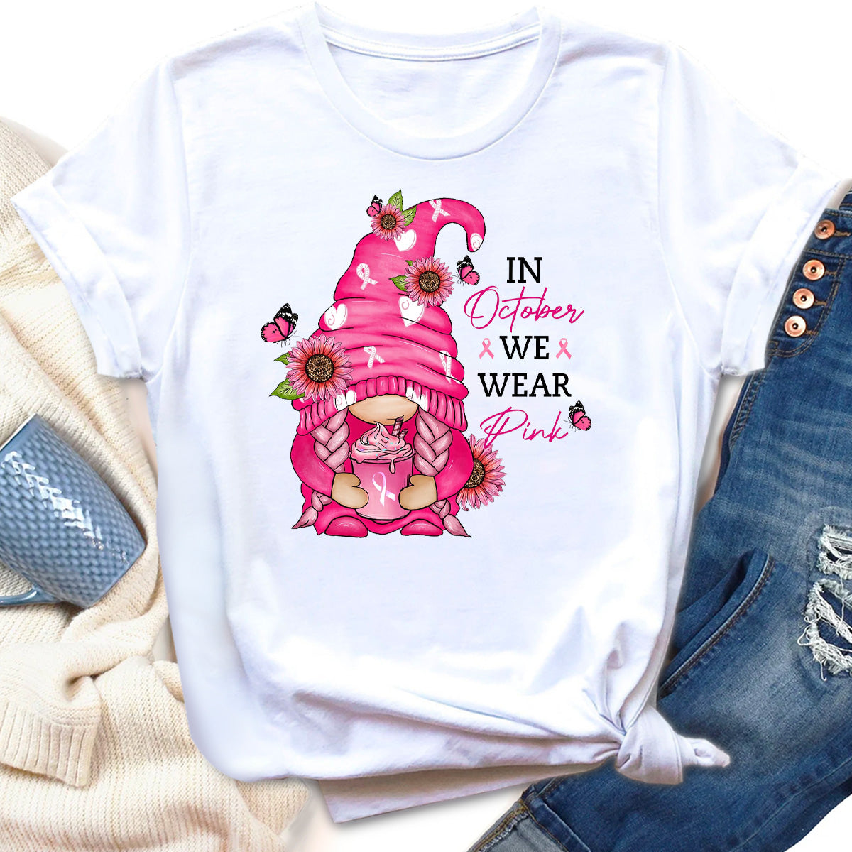 In October We Wear Pink Gnome Breast Cancer Awareness T-Shirt