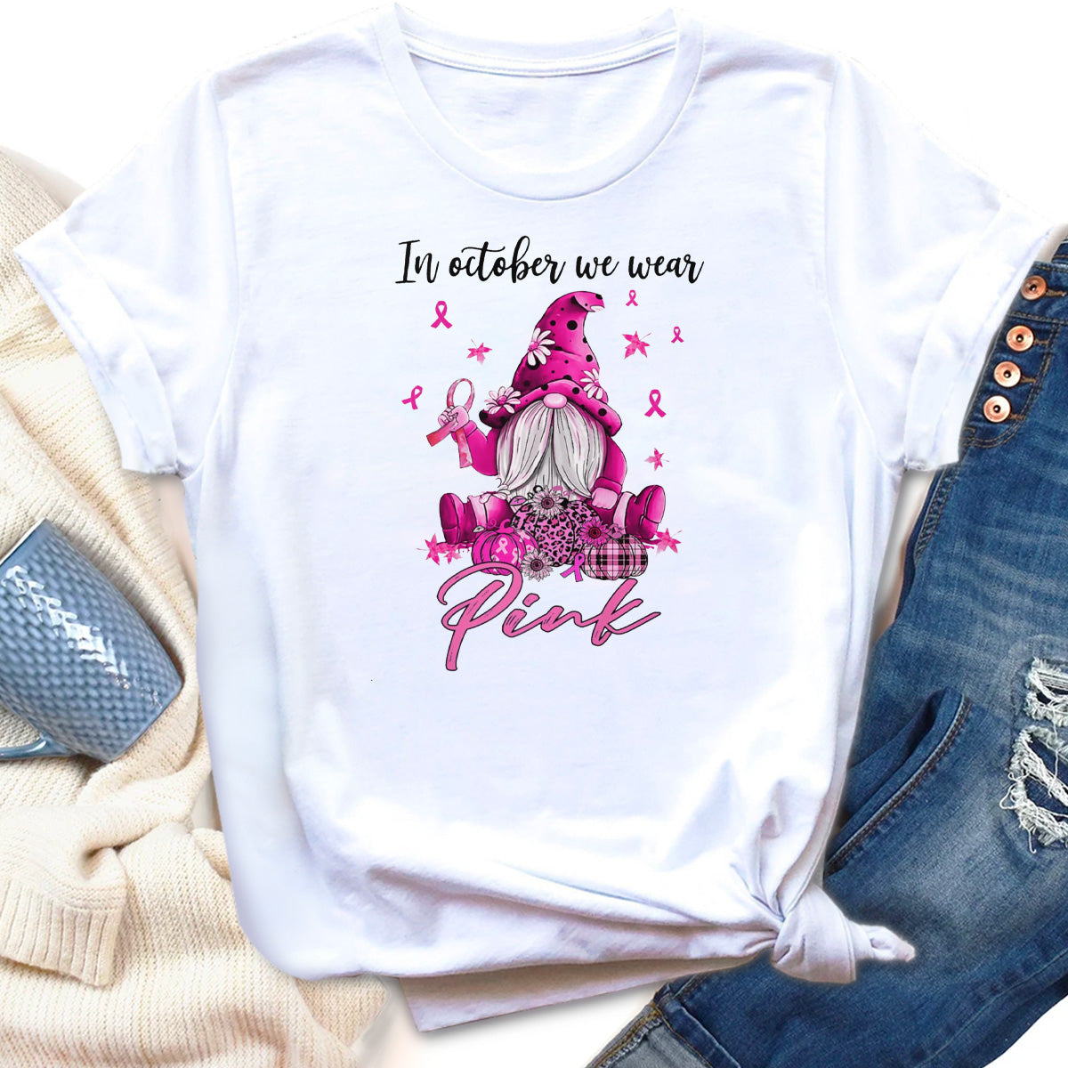 In October We Wear Pink Gnome Truck Breast Cancer T-Shirt