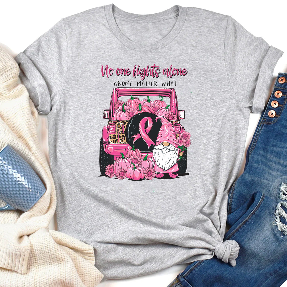 No One Fights Alone, Gnome Matter What Breast Cancer T-Shirt