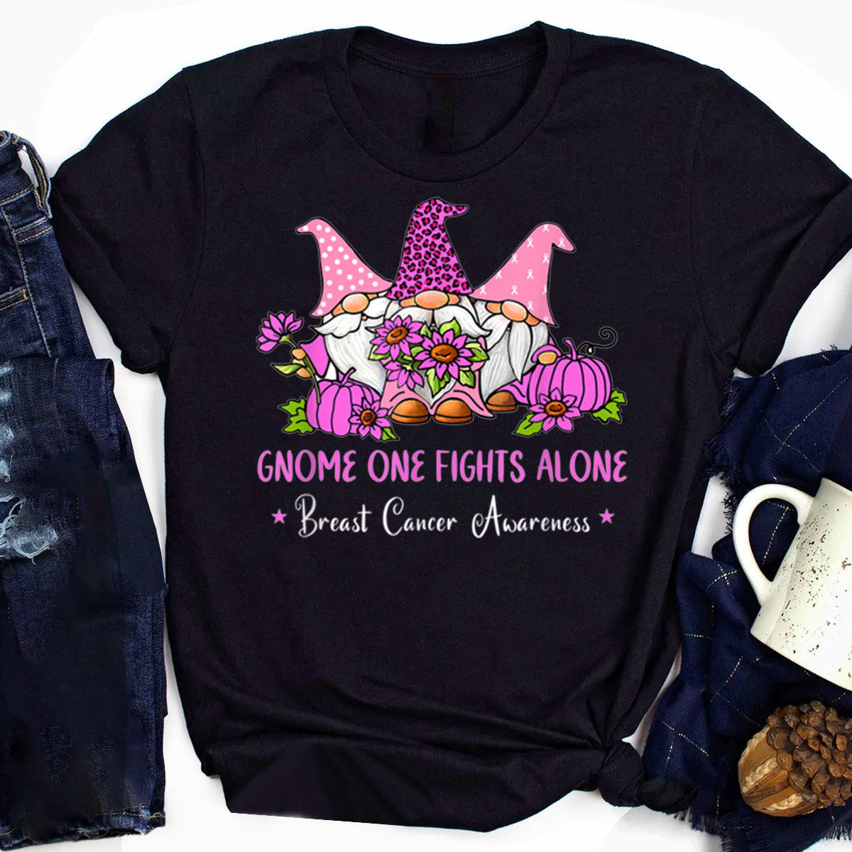 Breast Cancer Awareness Gnome One Fights Alone Pink Ribbon T-Shirt