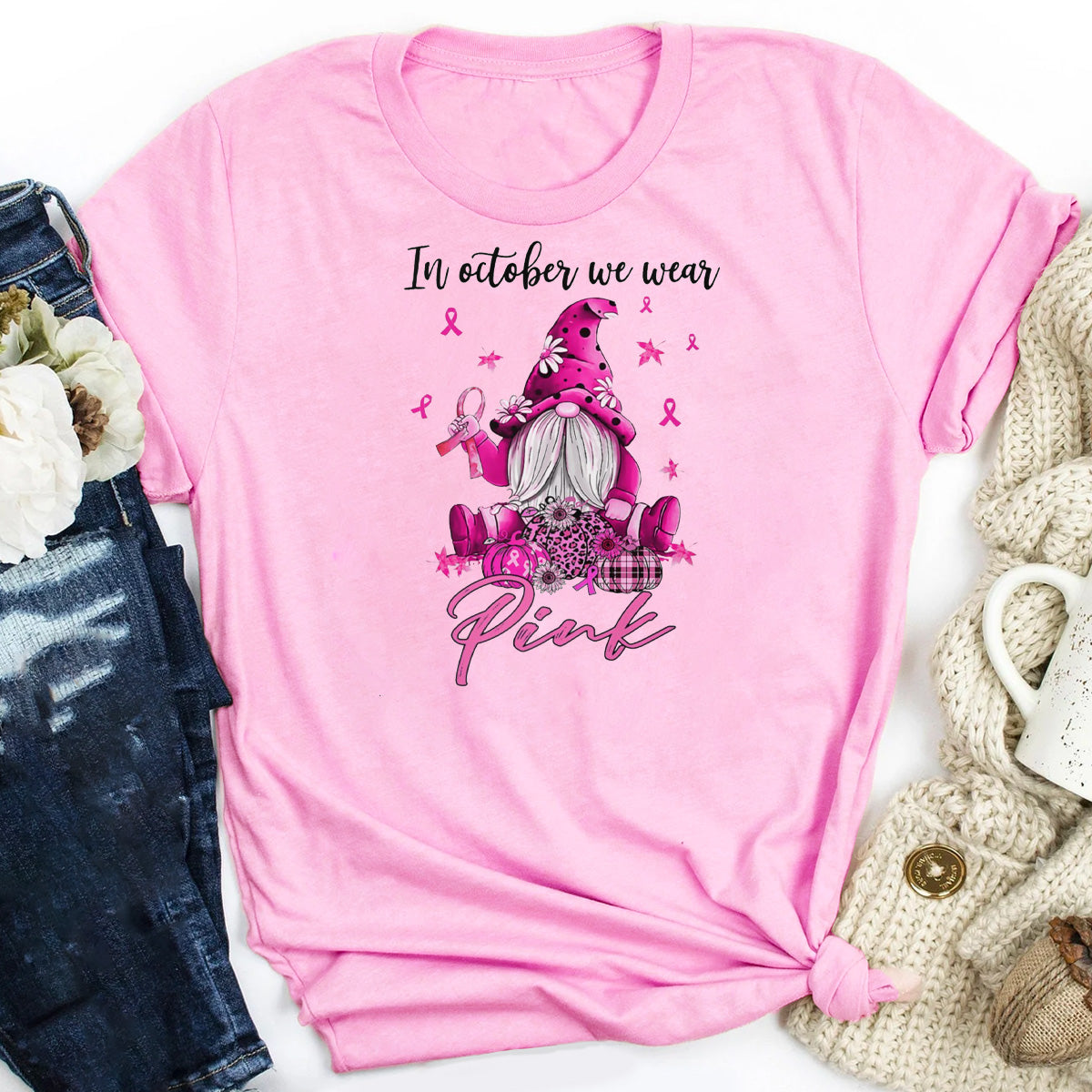 In October We Wear Pink Gnome Truck Breast Cancer T-Shirt