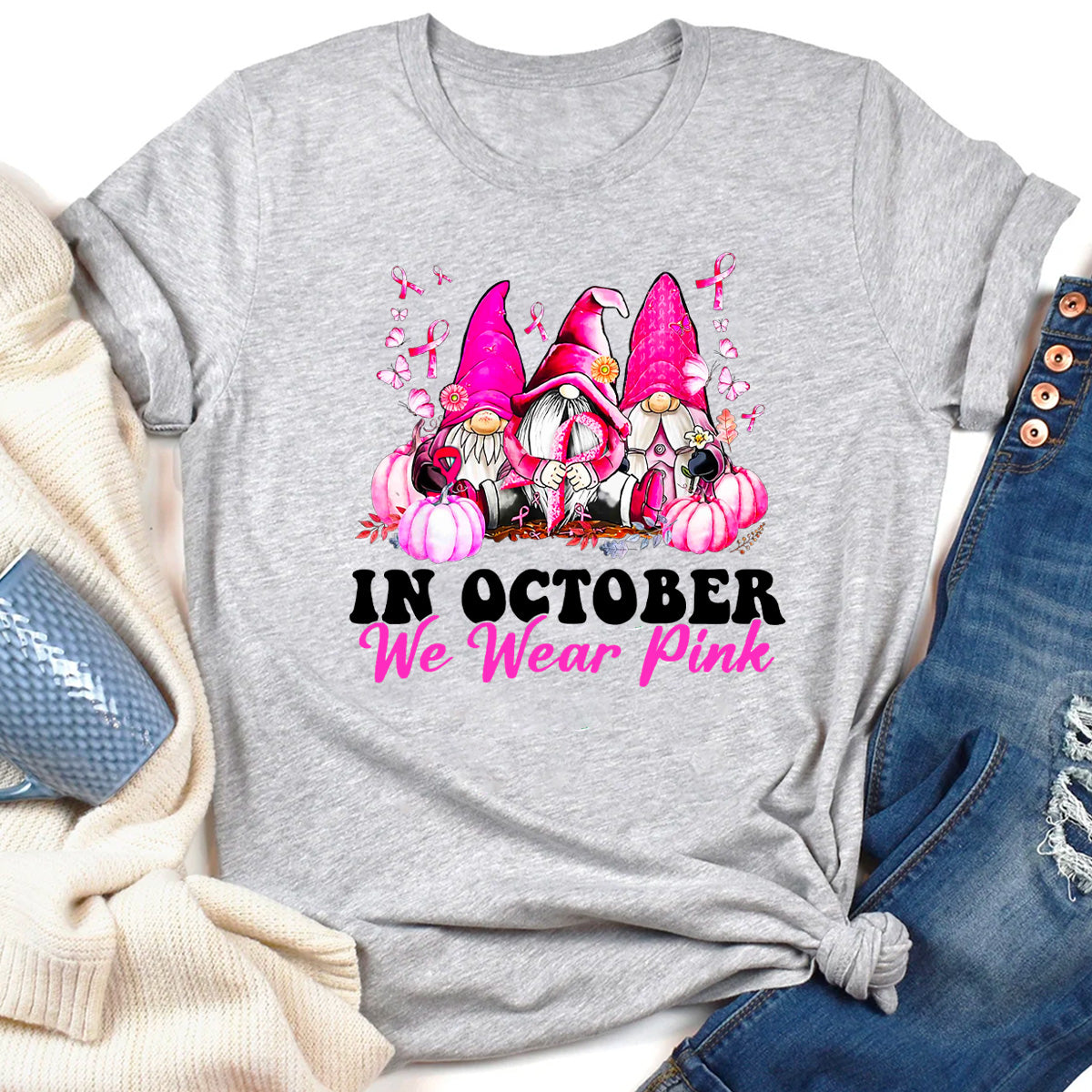 In October We Wear Pink Gnome Breast Cancer Awareness T-Shirt