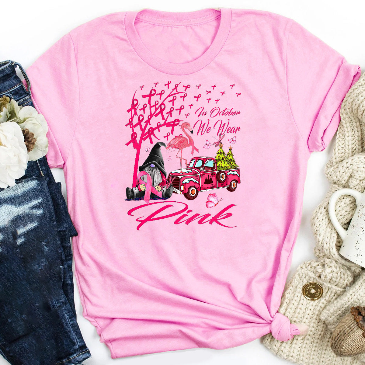 In October We Wear Pink Gnome Truck Breast Cancer T-Shirt