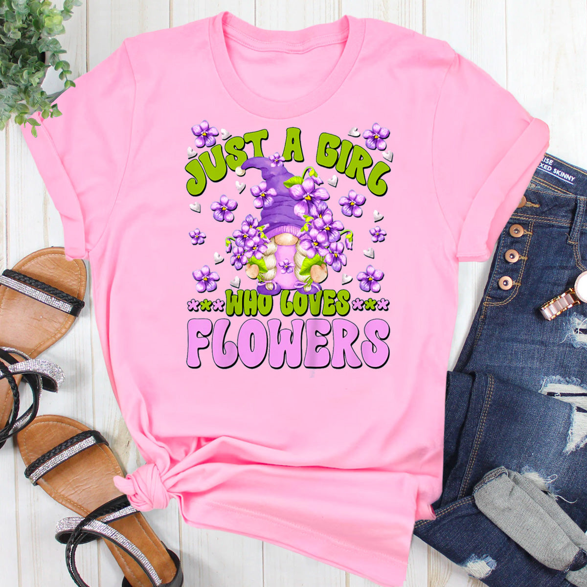 Just A Girl Who Loves Flowers Floral Violet Gnome T-Shirt