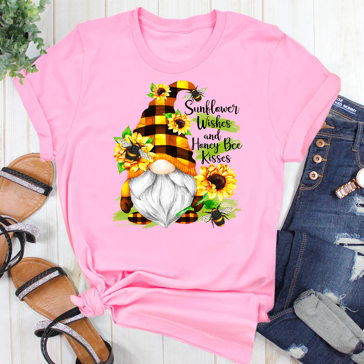 Sunflower Wishes and Honey Bee Kisses Gnome T-Shirt