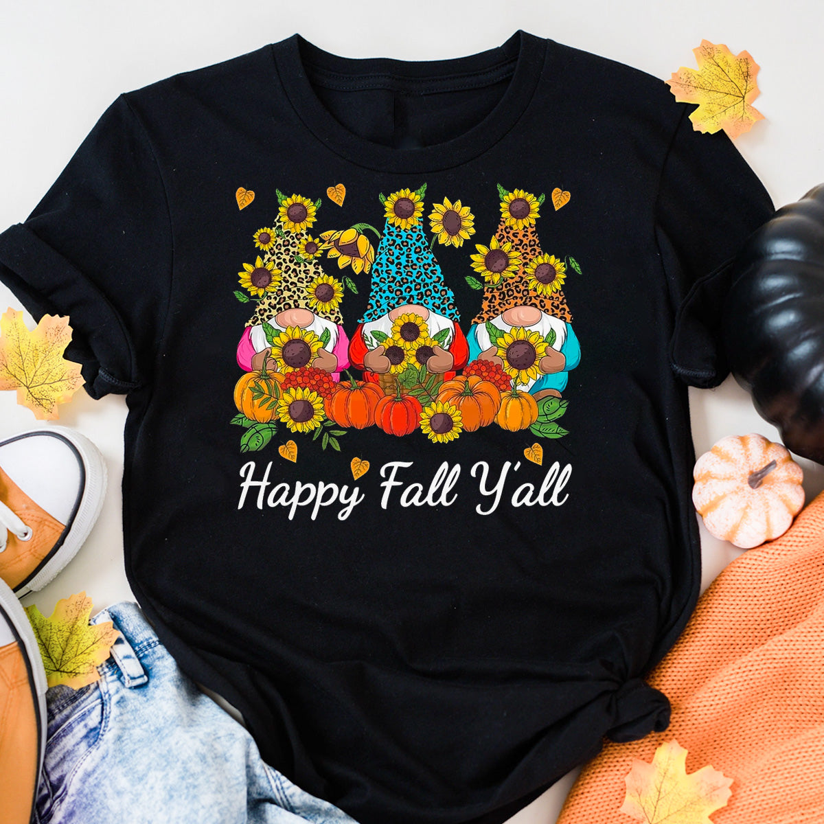 Happy Fall Y'all Gnome Leopard Pumpkin Autumn T-Shirt