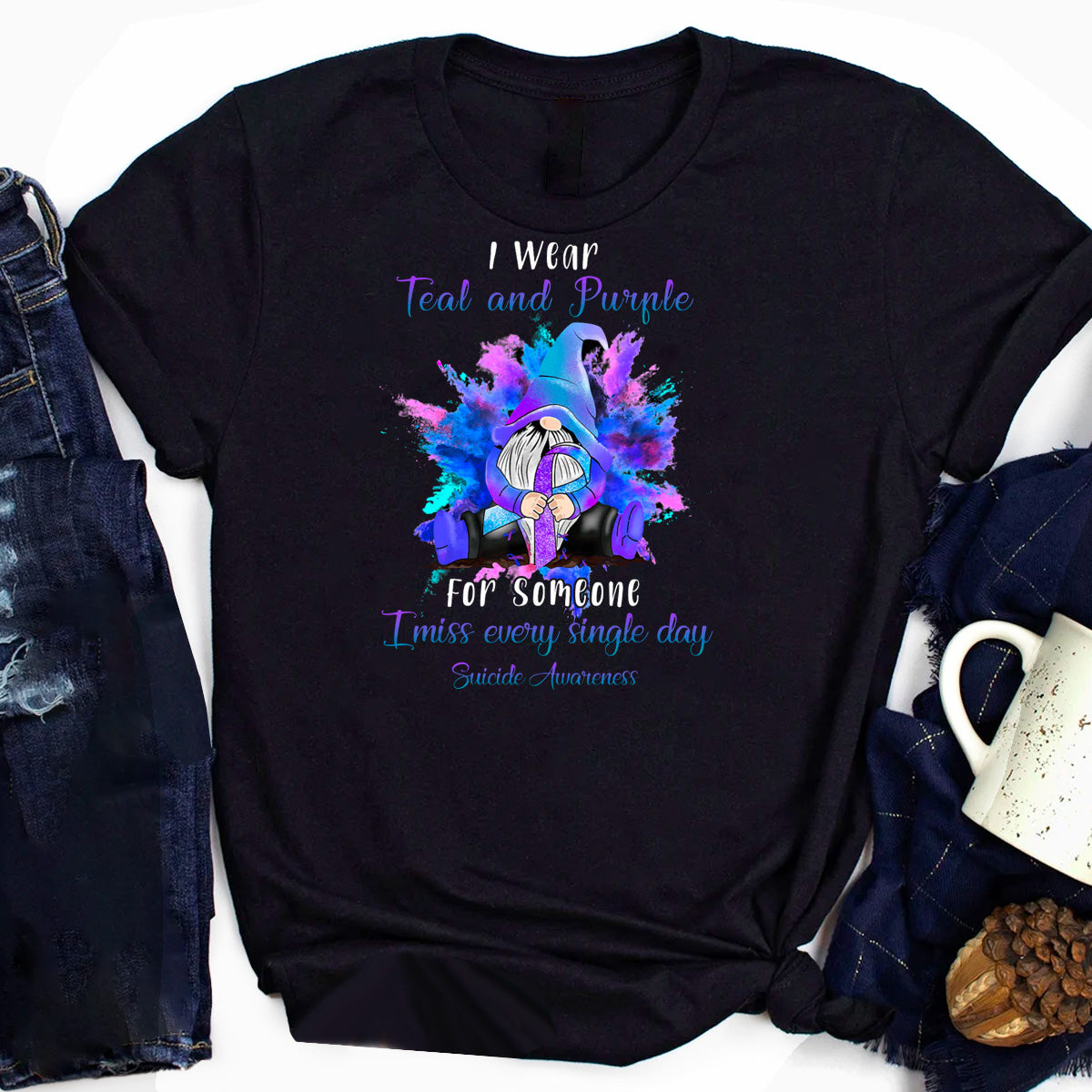 I Wear Teal Purple For Someone Gnome Suicide Aware T-Shirt