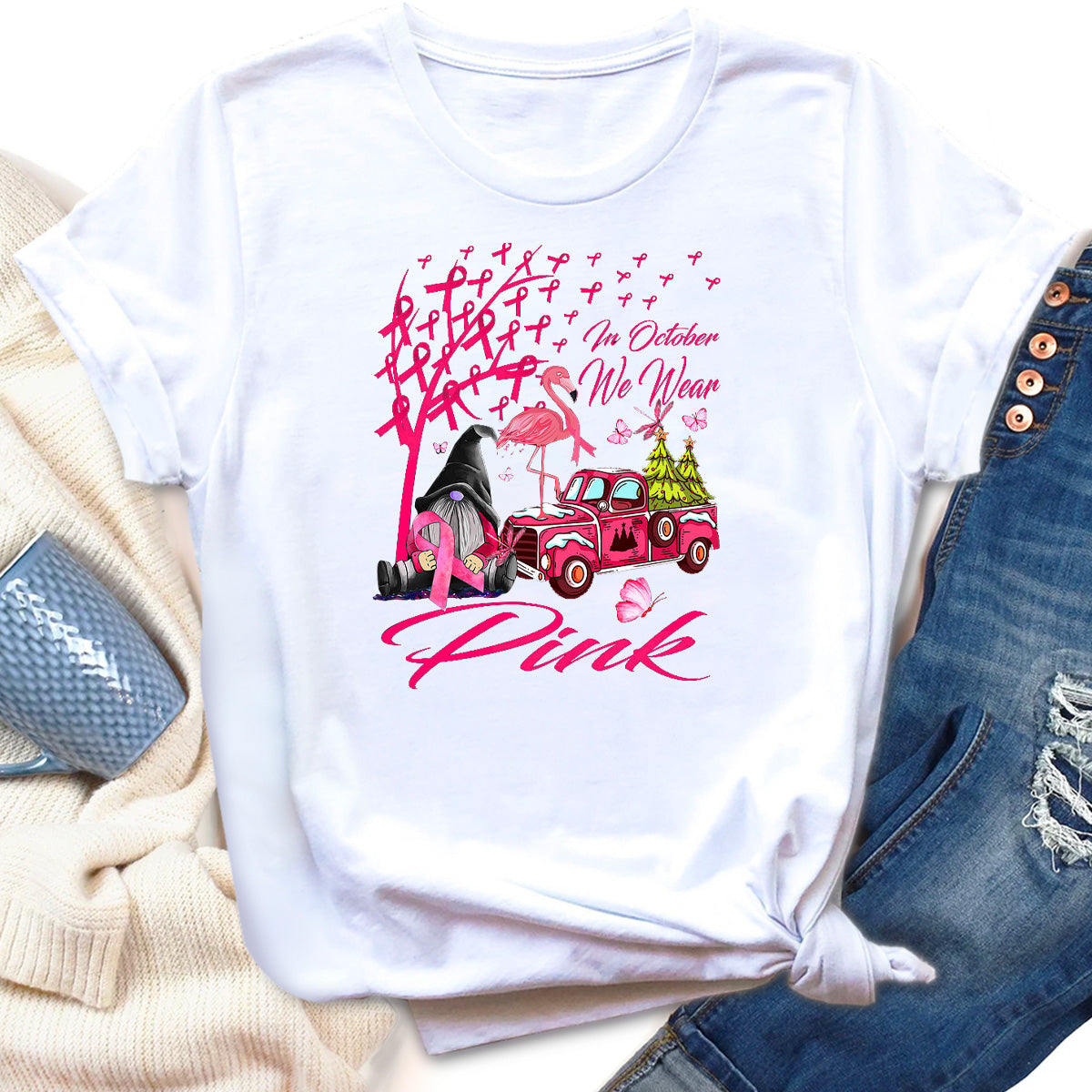 In October We Wear Pink Gnome Truck Breast Cancer T-Shirt