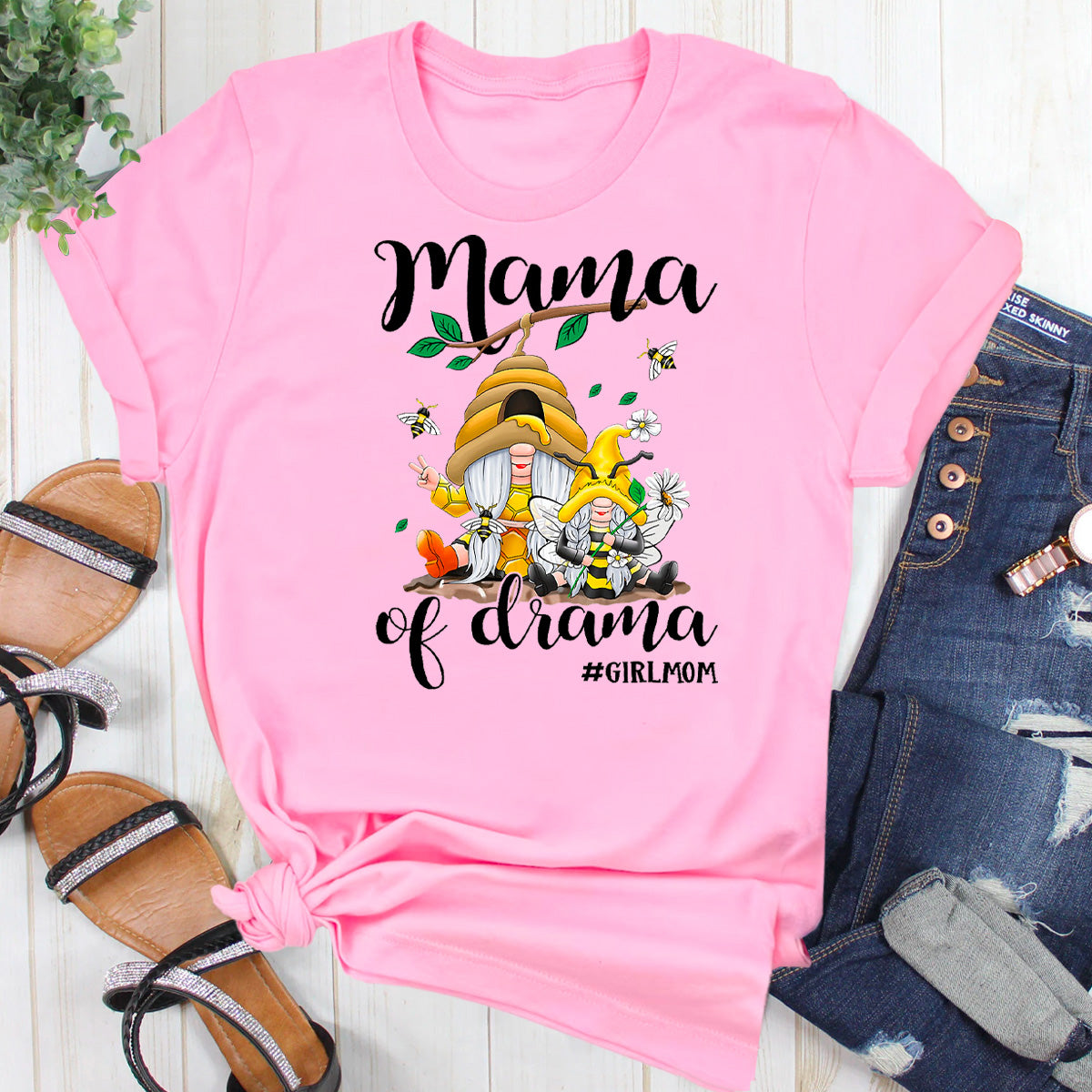 Mama Of Drama Girl Mom Bee Gnome T-Shirt