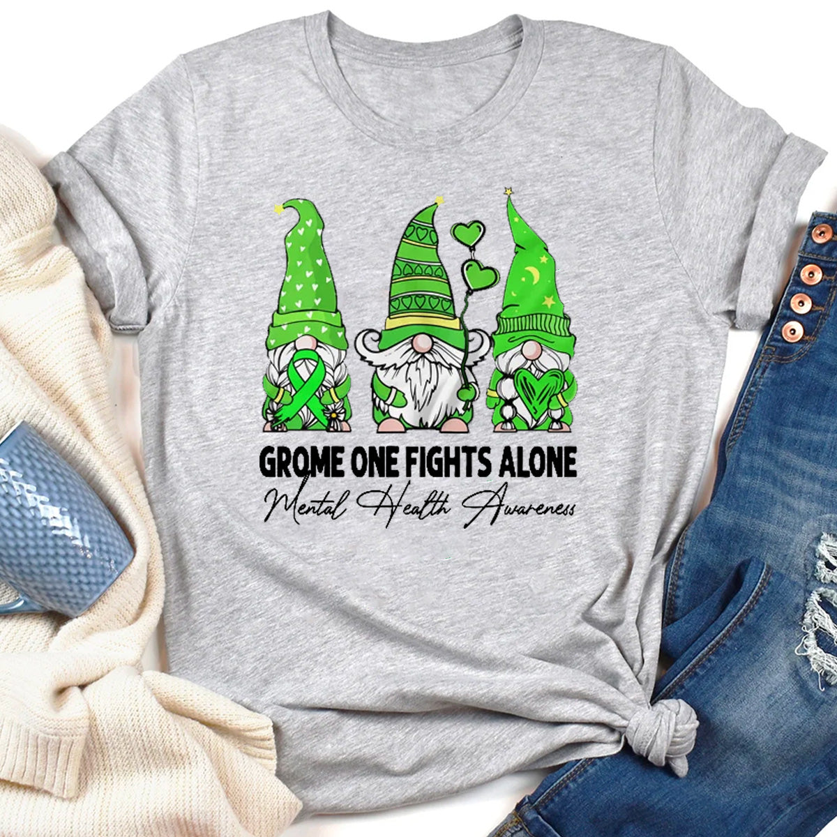 Gnome One Fights Alone Mental Health Awareness Green Ribbon T-Shirt