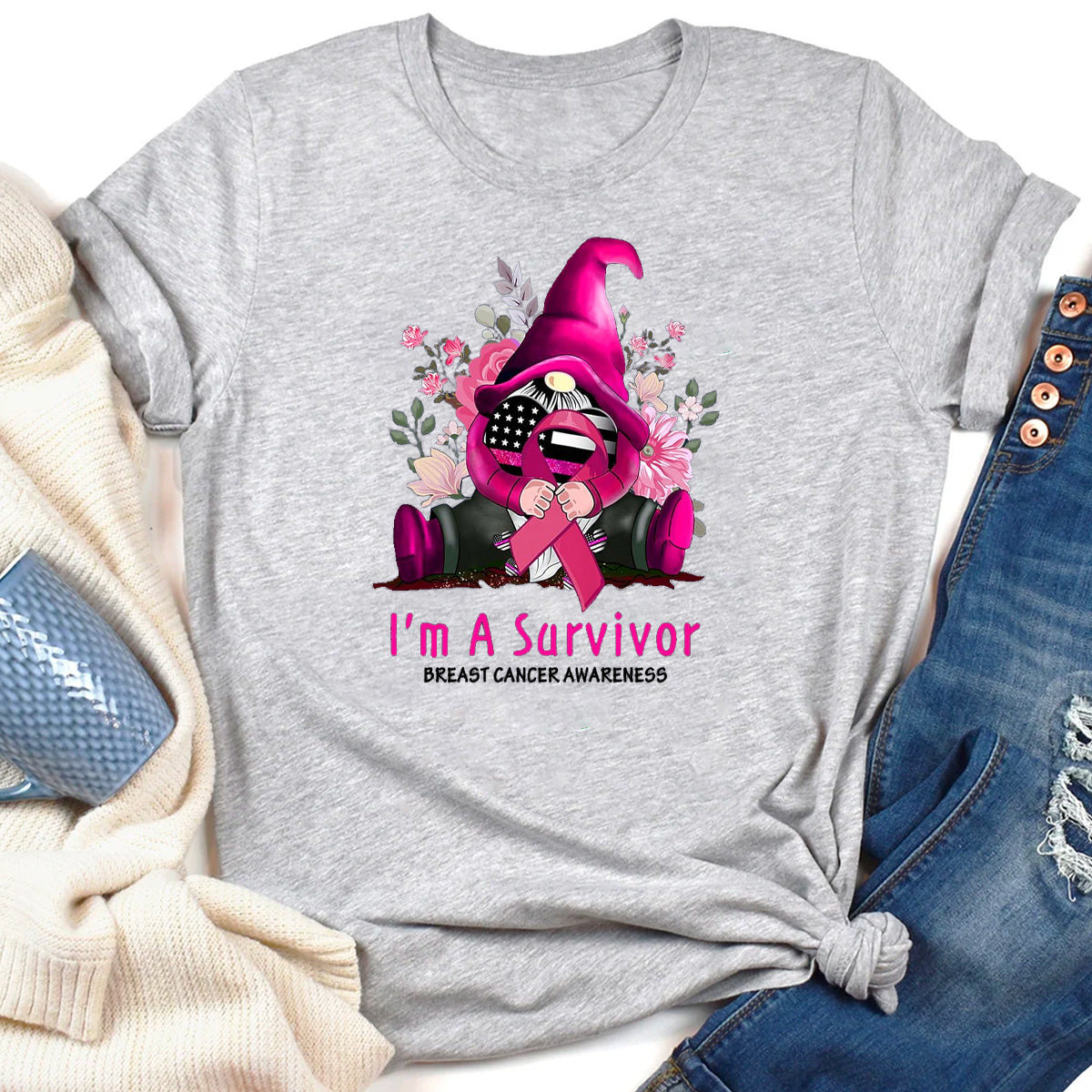 I'm A Survivor Gnome Pink Ribbon Breast Cancer T-Shirt