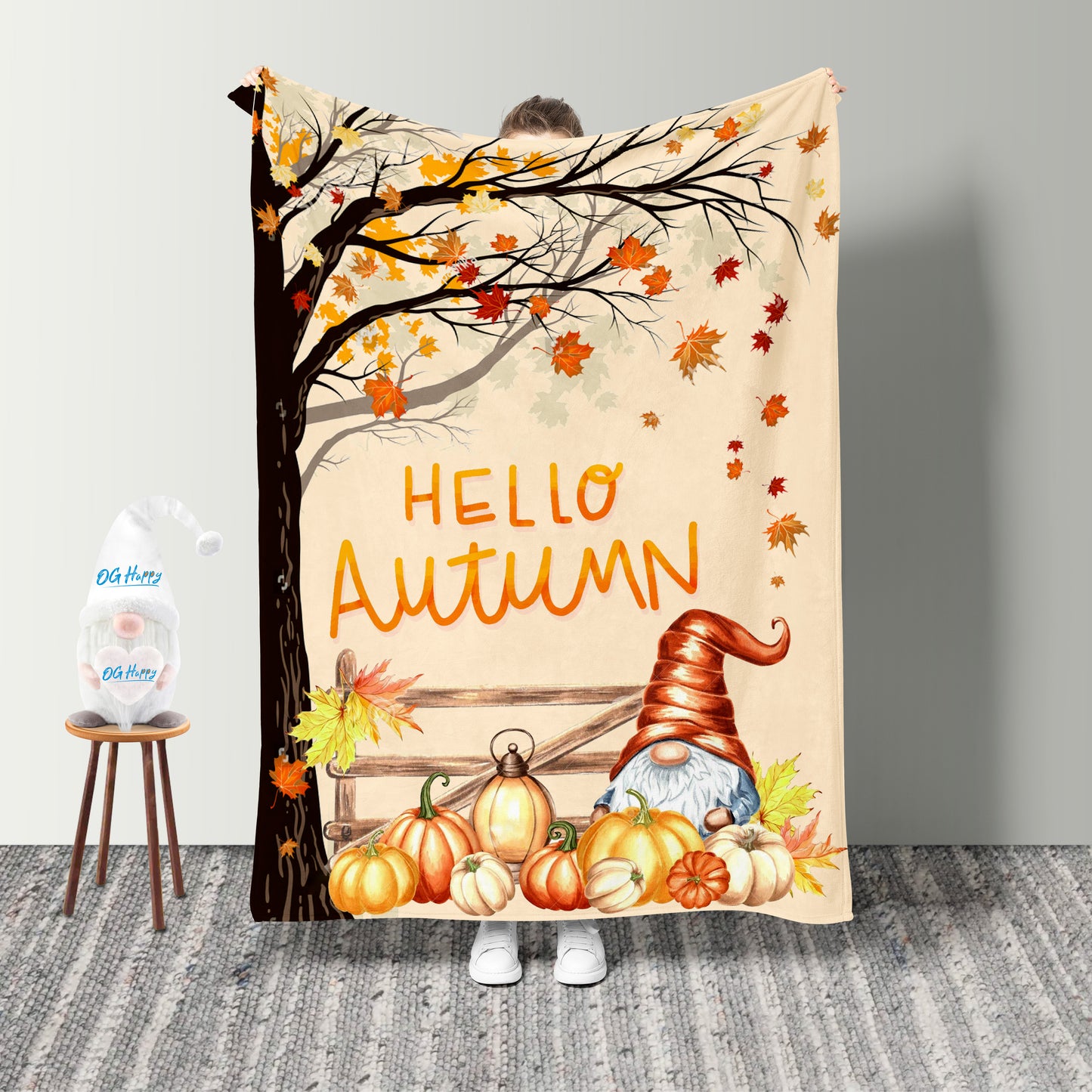 Hello Autumn Gnome Fleece Blanket