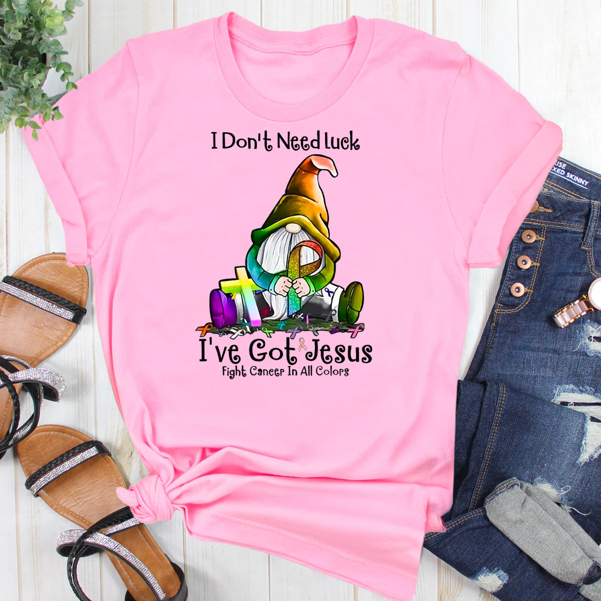 Gnome I Don’t Need Luck I’ve Got Jesus Fight Cancer In All Colors T-Shirt