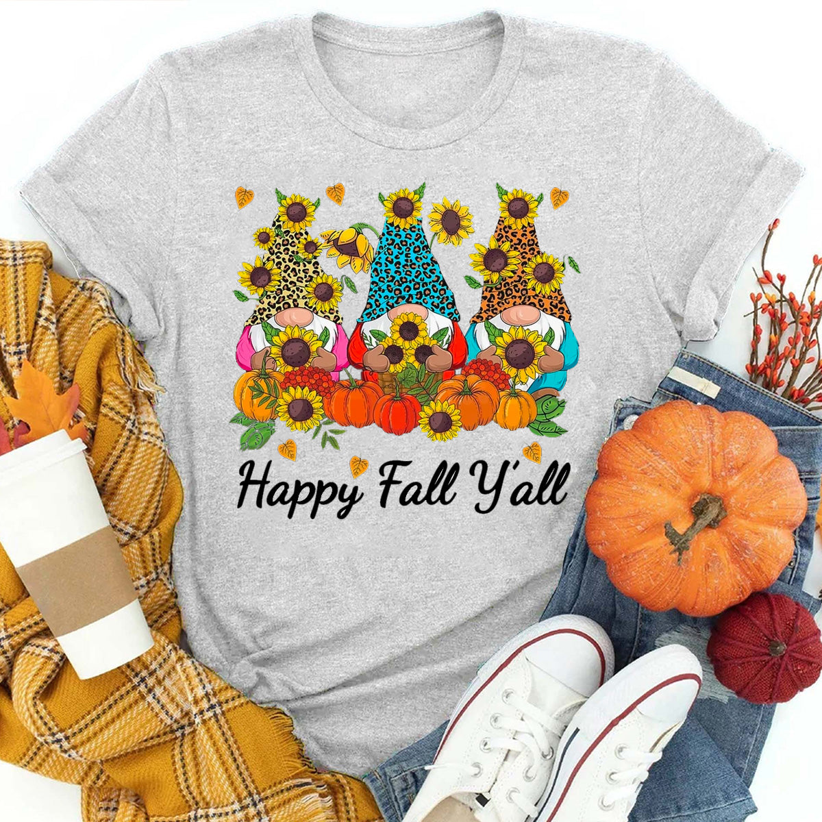 Happy Fall Y'all Gnome Leopard Pumpkin Autumn T-Shirt