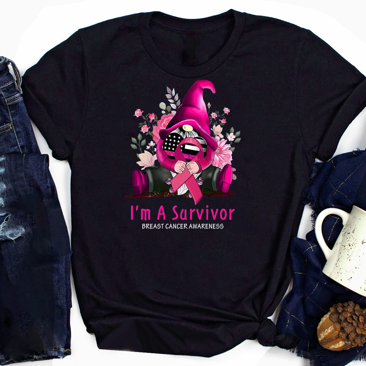 I'm A Survivor Gnome Pink Ribbon Breast Cancer T-Shirt