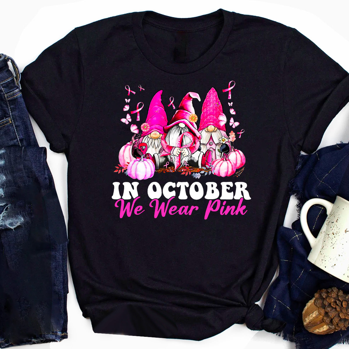 In October We Wear Pink Gnome Breast Cancer Awareness T-Shirt