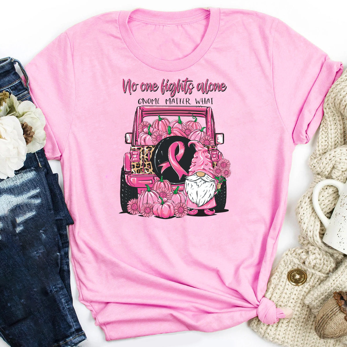 No One Fights Alone, Gnome Matter What Breast Cancer T-Shirt