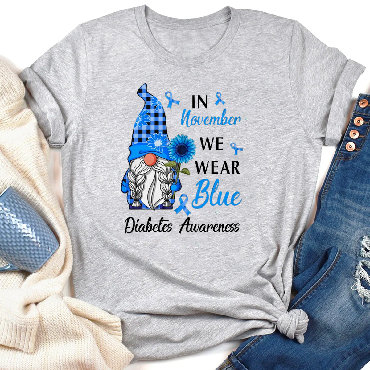 In November We Wear Blue Gnome Diabetes Awareness T-Shirt