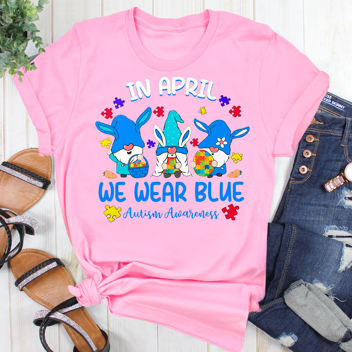 In April We Wear Blue Gnomes Bunny Autism Awarene T-Shirt