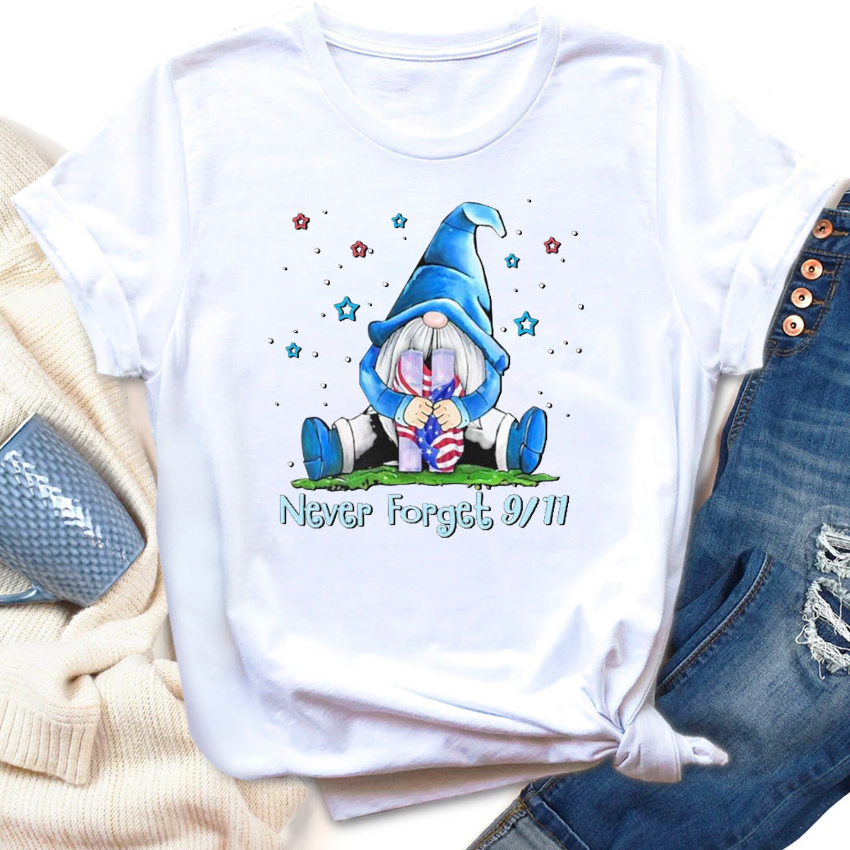 Never Forget 9 11 Gnome America Flag T-Shirt