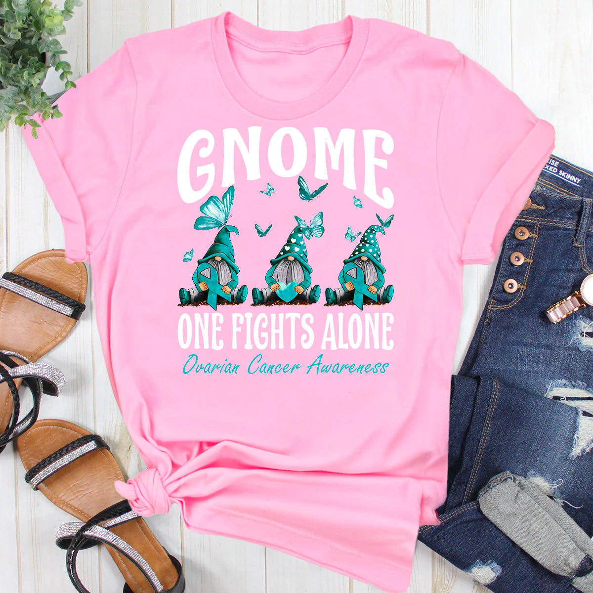 Gnome One Fights Alone Ovarian Cancer Awareness T-Shirt