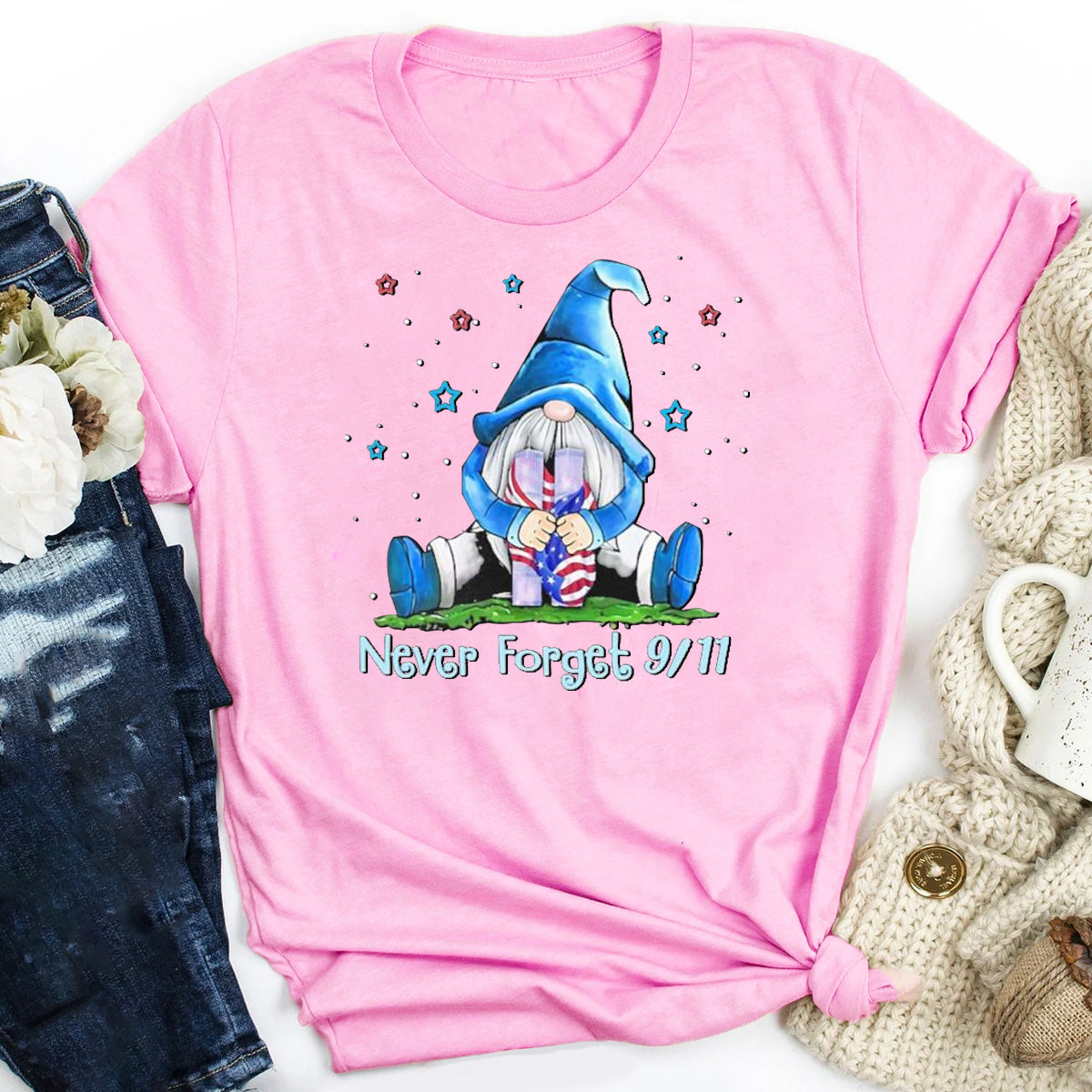 Never Forget 9 11 Gnome America Flag T-Shirt