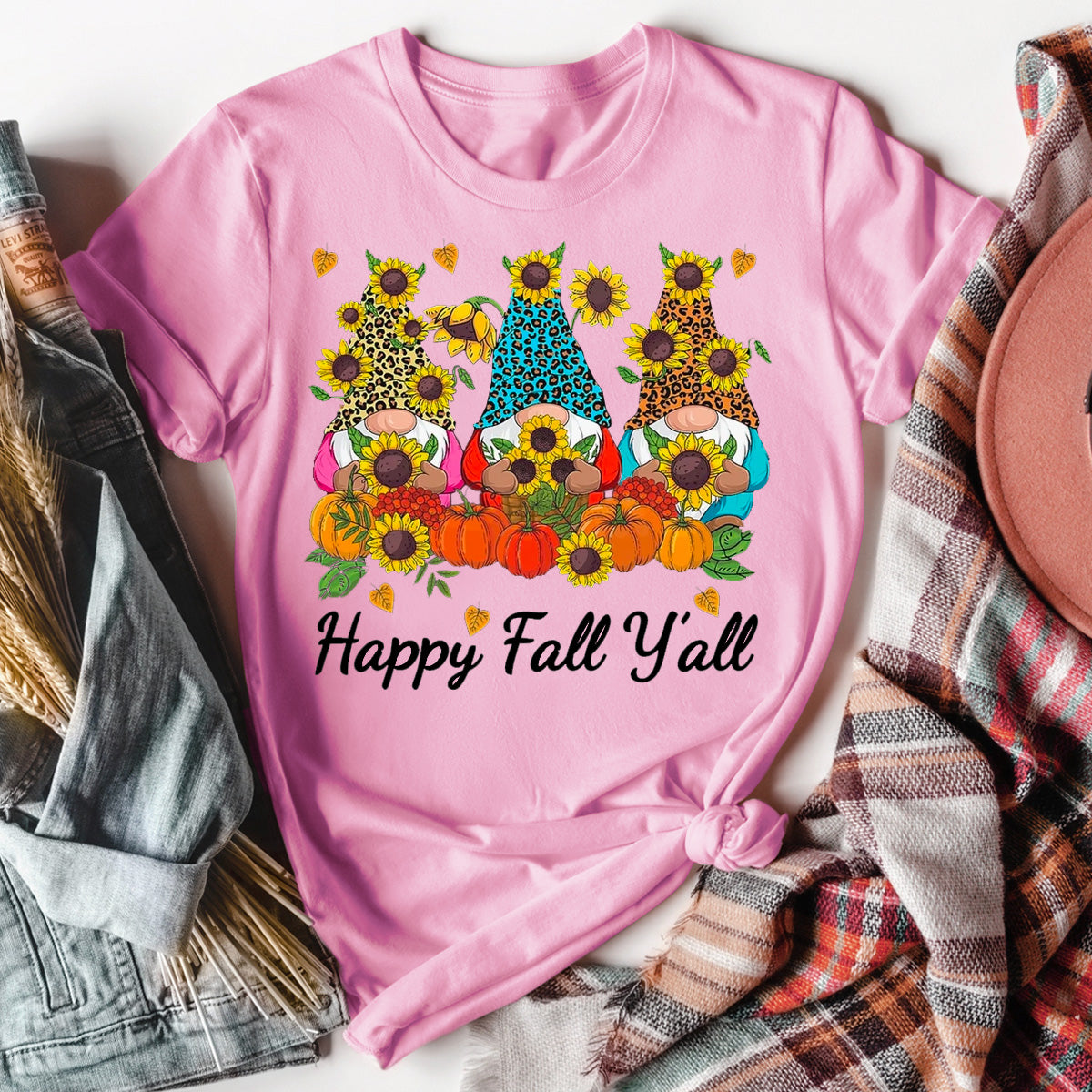 Happy Fall Y'all Gnome Leopard Pumpkin Autumn T-Shirt