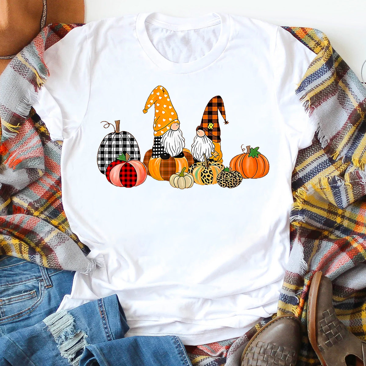 Buffalo Plaid Pumpkin Thanksgiving Gnomes T-Shirt