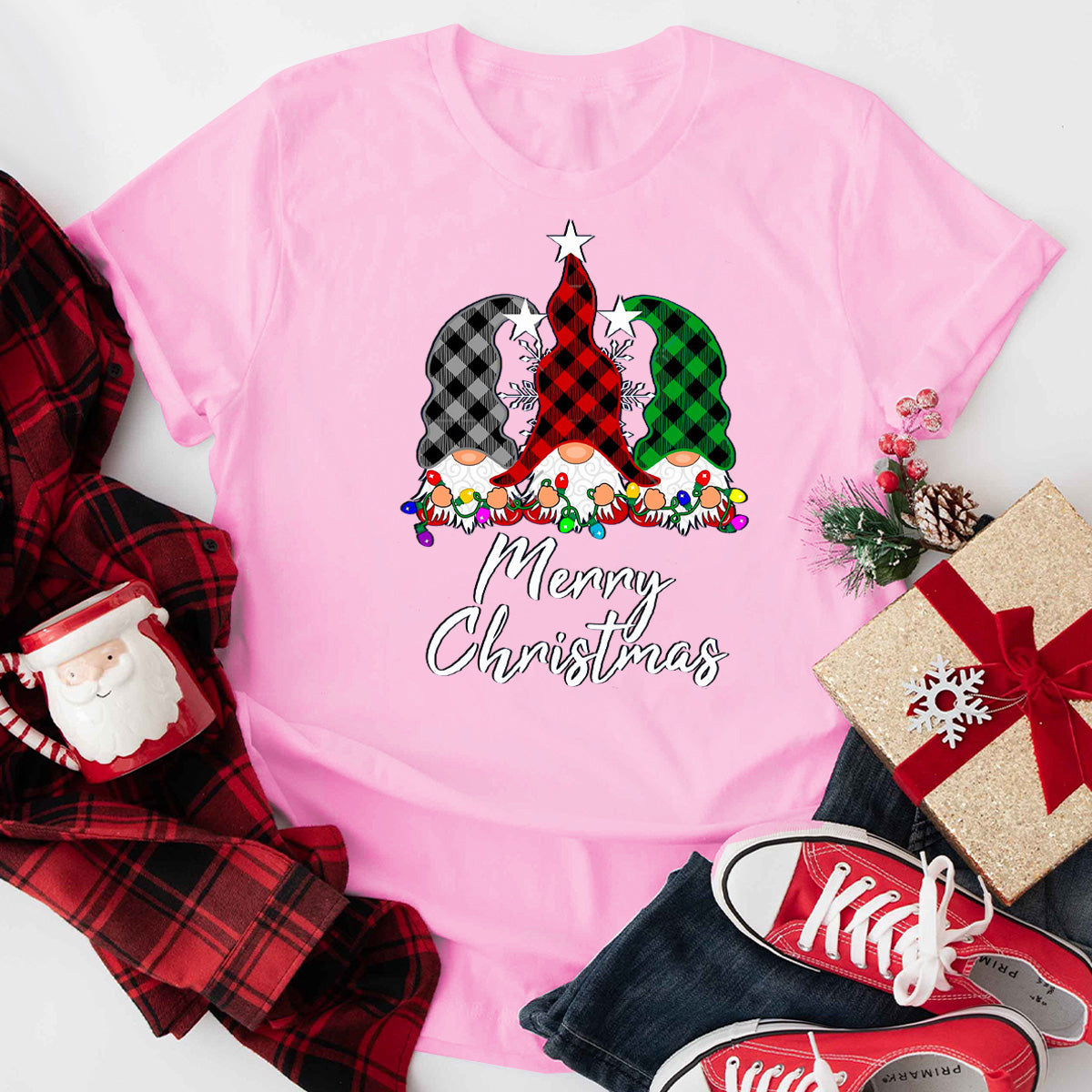 Gnome Christmas Lights Buffalo Plaid T-Shirt