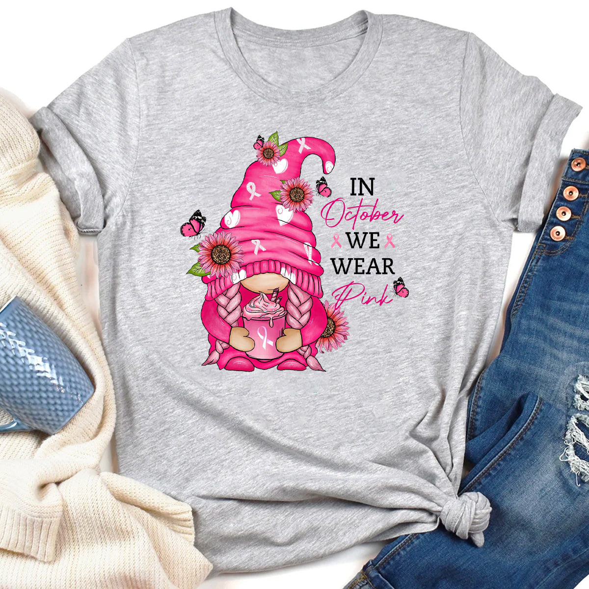 In October We Wear Pink Gnome Breast Cancer Awareness T-Shirt