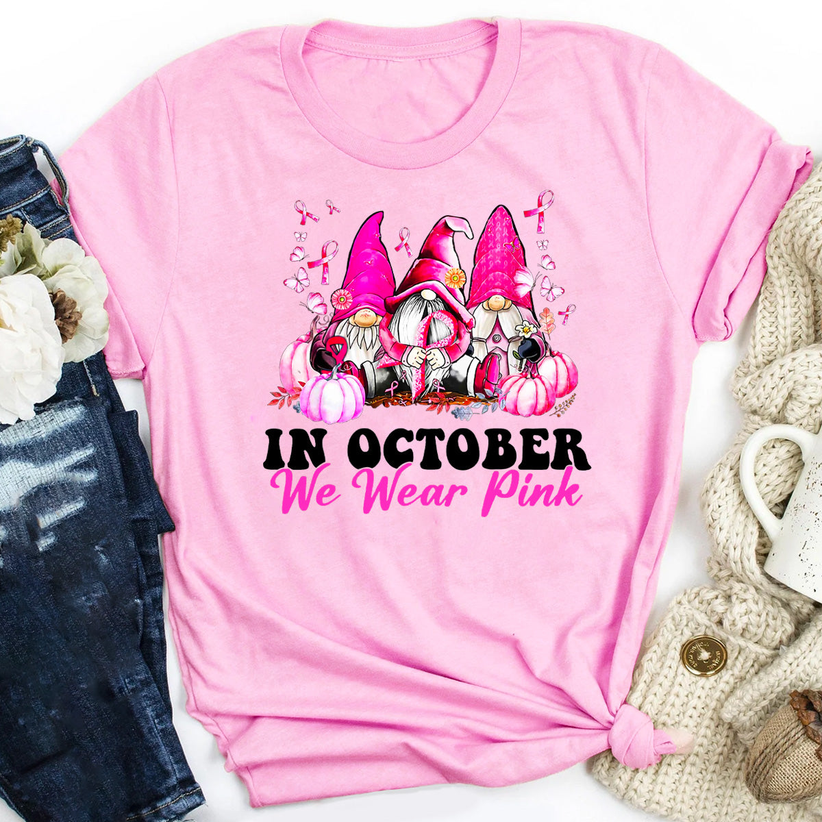 In October We Wear Pink Gnome Breast Cancer Awareness T-Shirt