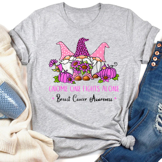 Breast Cancer Awareness Gnome One Fights Alone Pink Ribbon T-Shirt