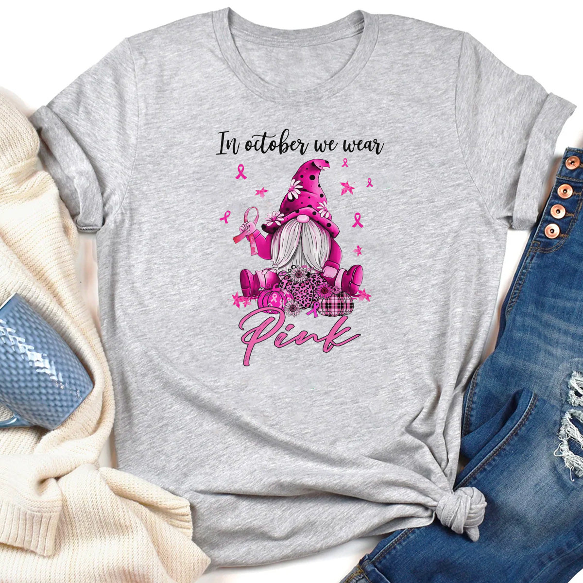 In October We Wear Pink Gnome Truck Breast Cancer T-Shirt