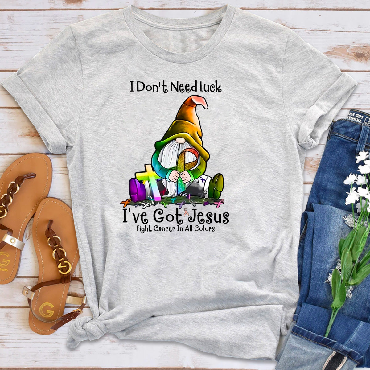 Gnome I Don’t Need Luck I’ve Got Jesus Fight Cancer In All Colors T-Shirt