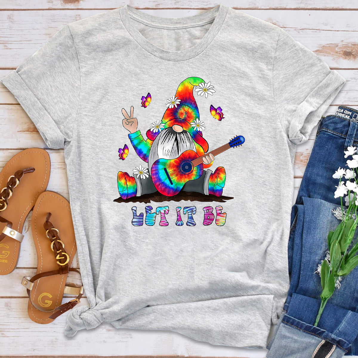 Tie Dye Gnome Peace Playing Guitar Hippie Gnome T-Shirt