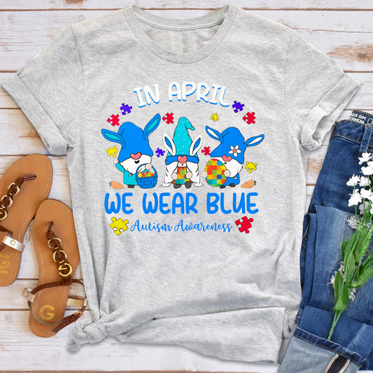 In April We Wear Blue Gnomes Bunny Autism Awarene T-Shirt