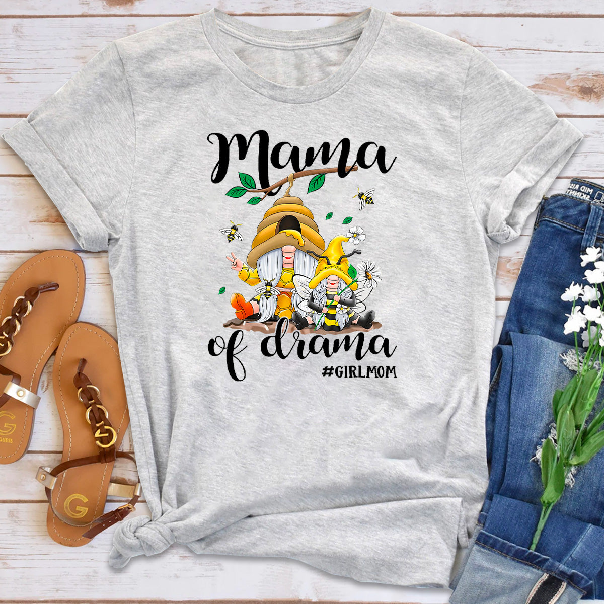 Mama Of Drama Girl Mom Bee Gnome T-Shirt