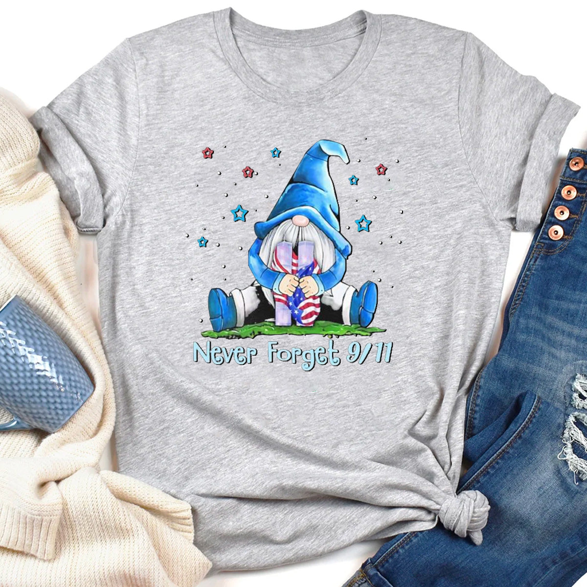 Never Forget 9 11 Gnome America Flag T-Shirt