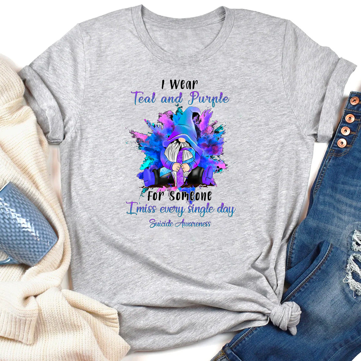 I Wear Teal Purple For Someone Gnome Suicide Aware T-Shirt