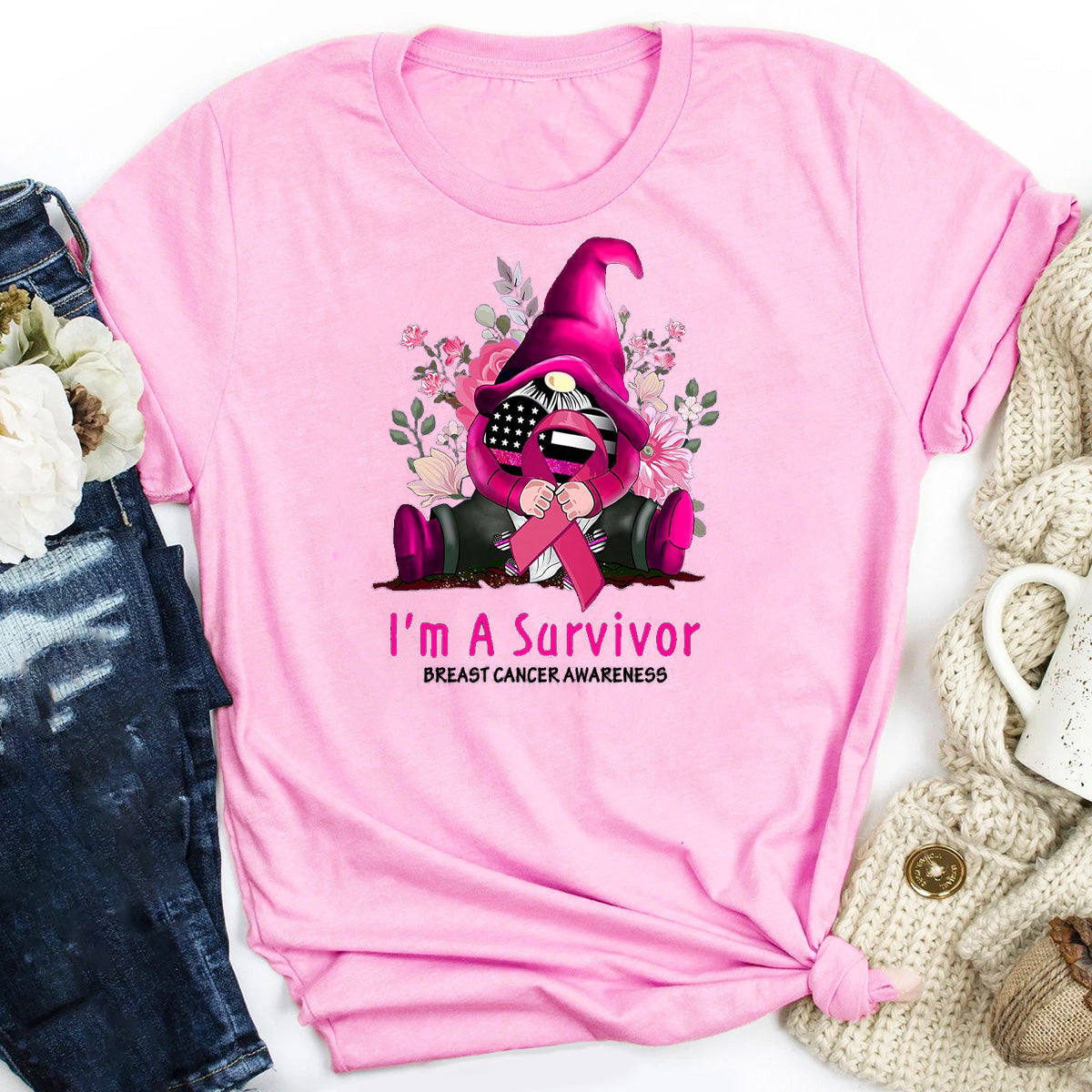 I'm A Survivor Gnome Pink Ribbon Breast Cancer T-Shirt