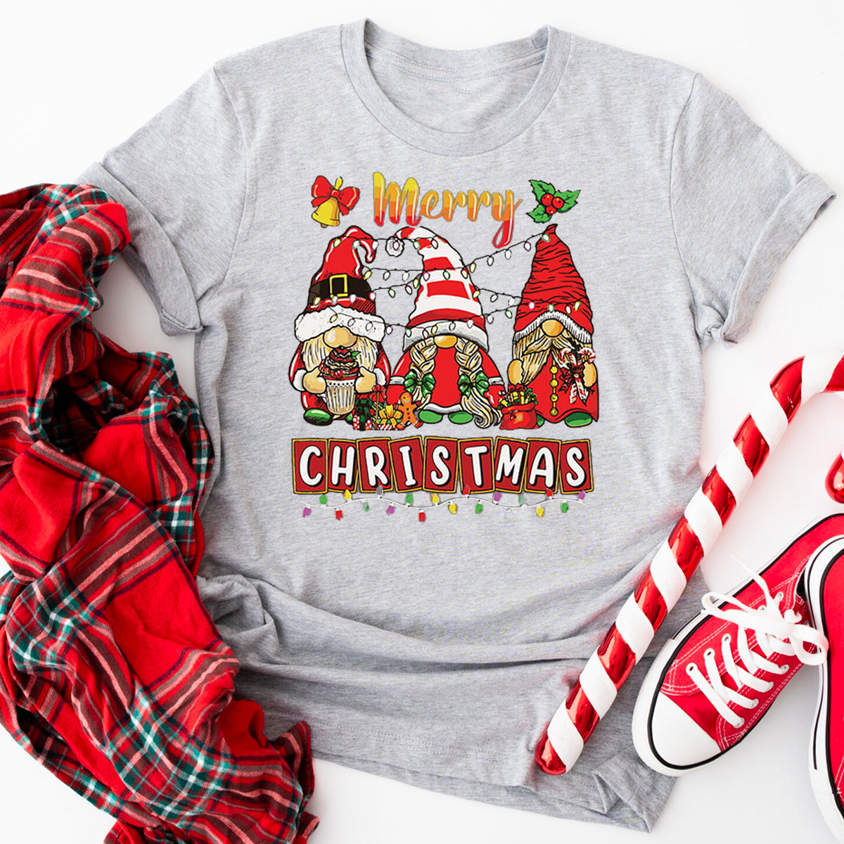 Merry Christmas Light Gnome Santa Hat T-Shirt