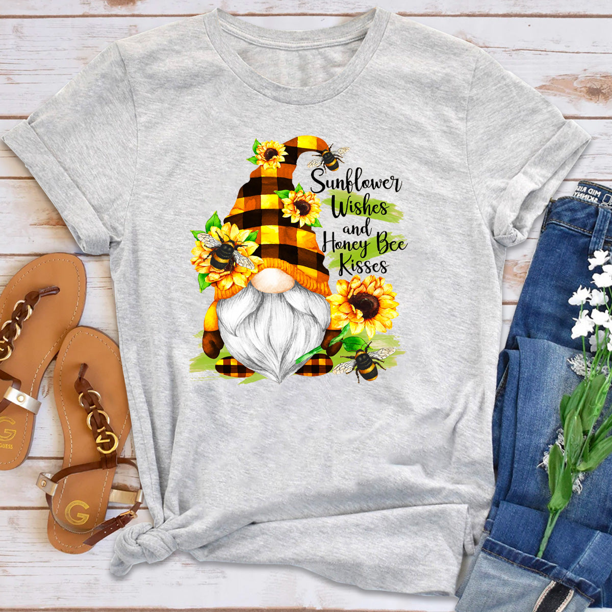 Sunflower Wishes and Honey Bee Kisses Gnome T-Shirt