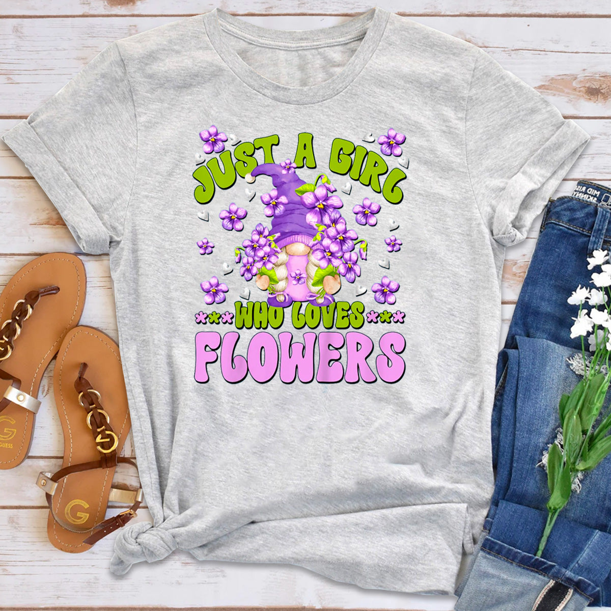 Just A Girl Who Loves Flowers Floral Violet Gnome T-Shirt