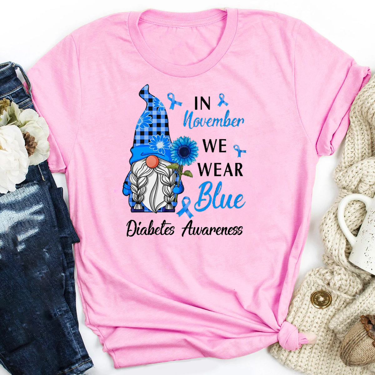 In November We Wear Blue Gnome Diabetes Awareness T-Shirt